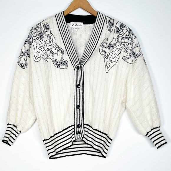 Aseret Sweaters - Vintage Aseret 80's Cream & Black Applique Cardigan Sweater